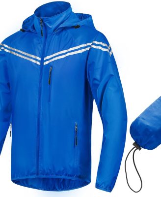 Men's Packable Waterproof Running Rain Coats Reflective Cycling Jacket Windbreaker With Removable Hood