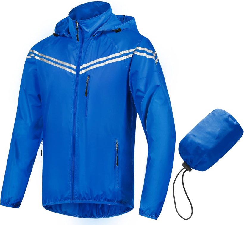 Men's Packable Waterproof Running Rain Coats Reflective Cycling Jacket Windbreaker With Removable Hood