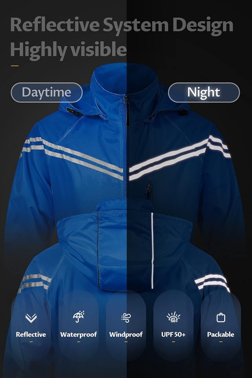 Men's Packable Waterproof Running Rain Coats Reflective Cycling Jacket Windbreaker With Removable Hood - Image 2