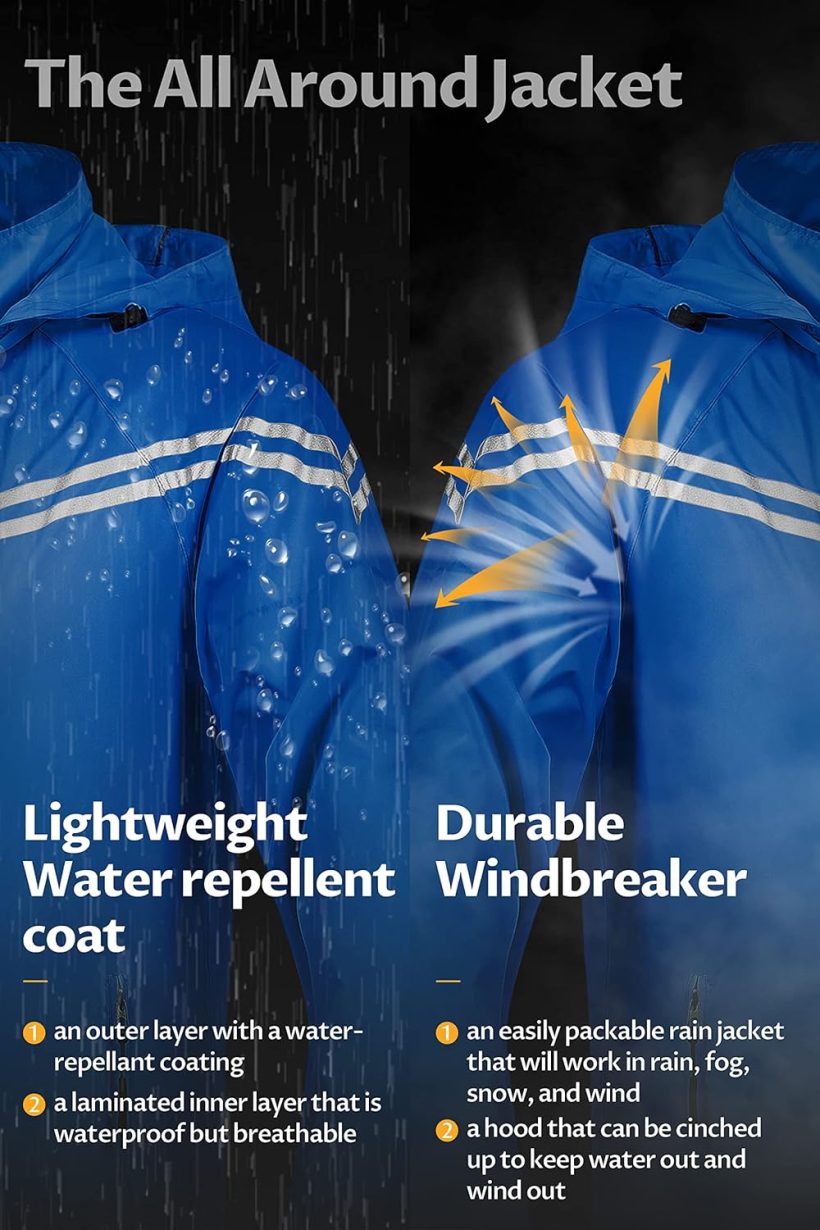 Men's Packable Waterproof Running Rain Coats Reflective Cycling Jacket Windbreaker With Removable Hood - Image 5